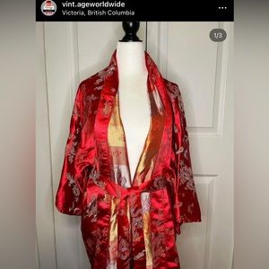 This is a wonderful red silk kimono made in a dressing gown style.